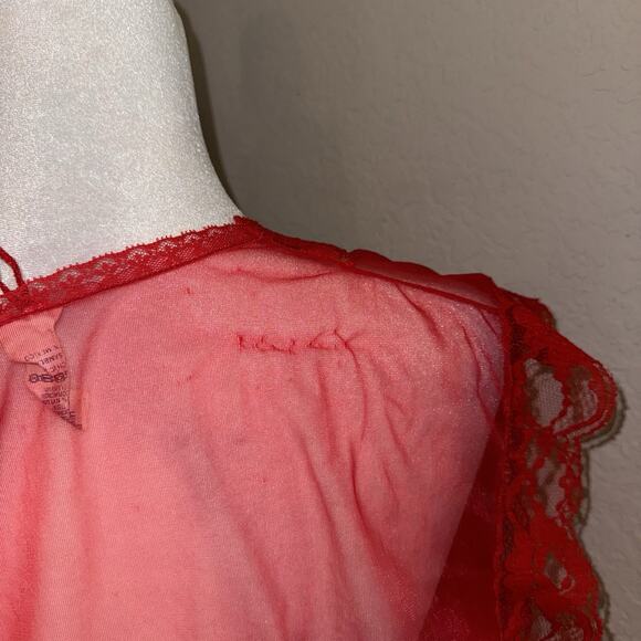 Vintage Red Trim Lace Short Sheer Mesh Nightie Robe Lingerie Women’s Small - Picture 4 of 9